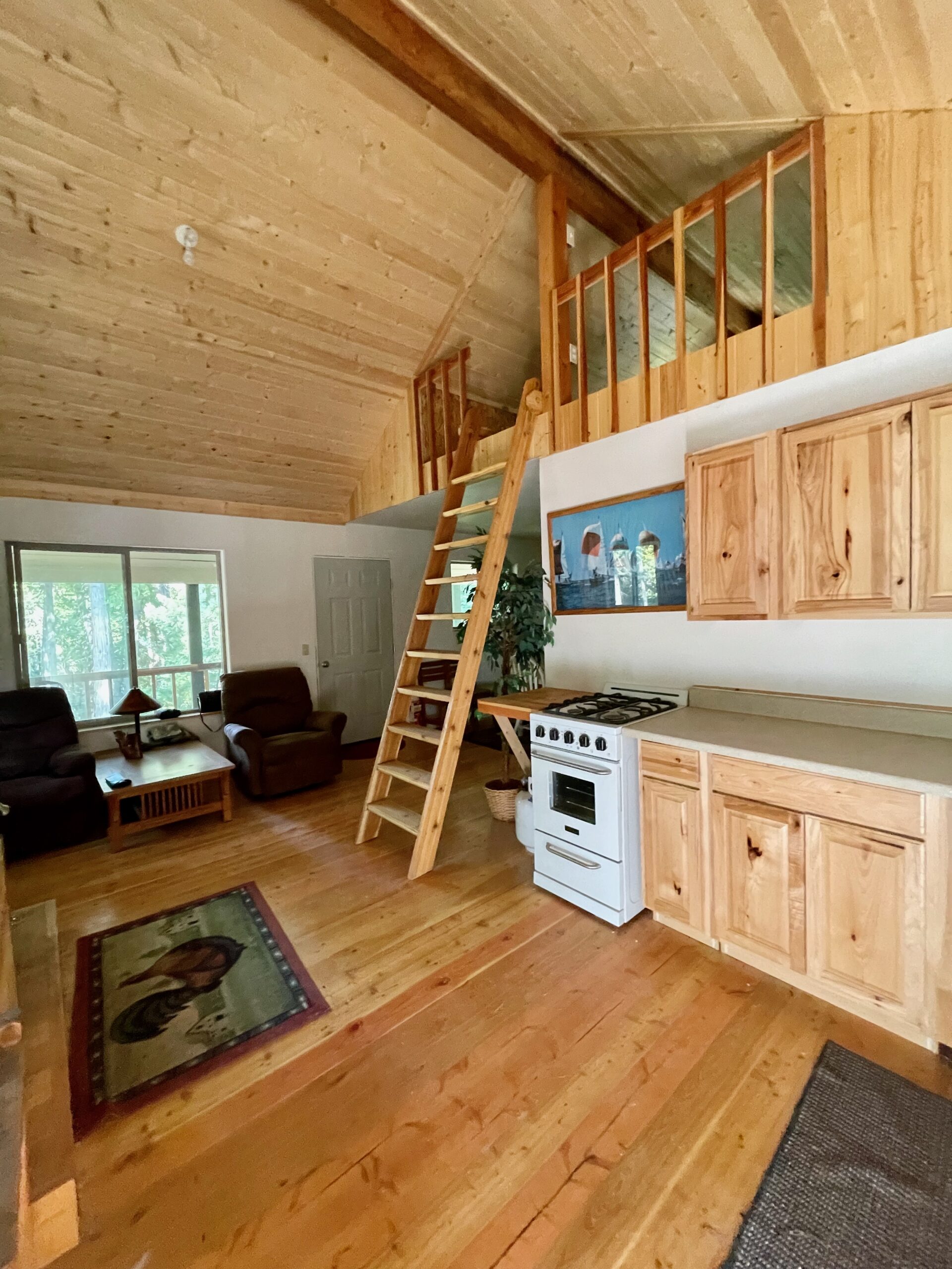 The kitchen cabinets and stove, ladder to the loft and living room window in the background.