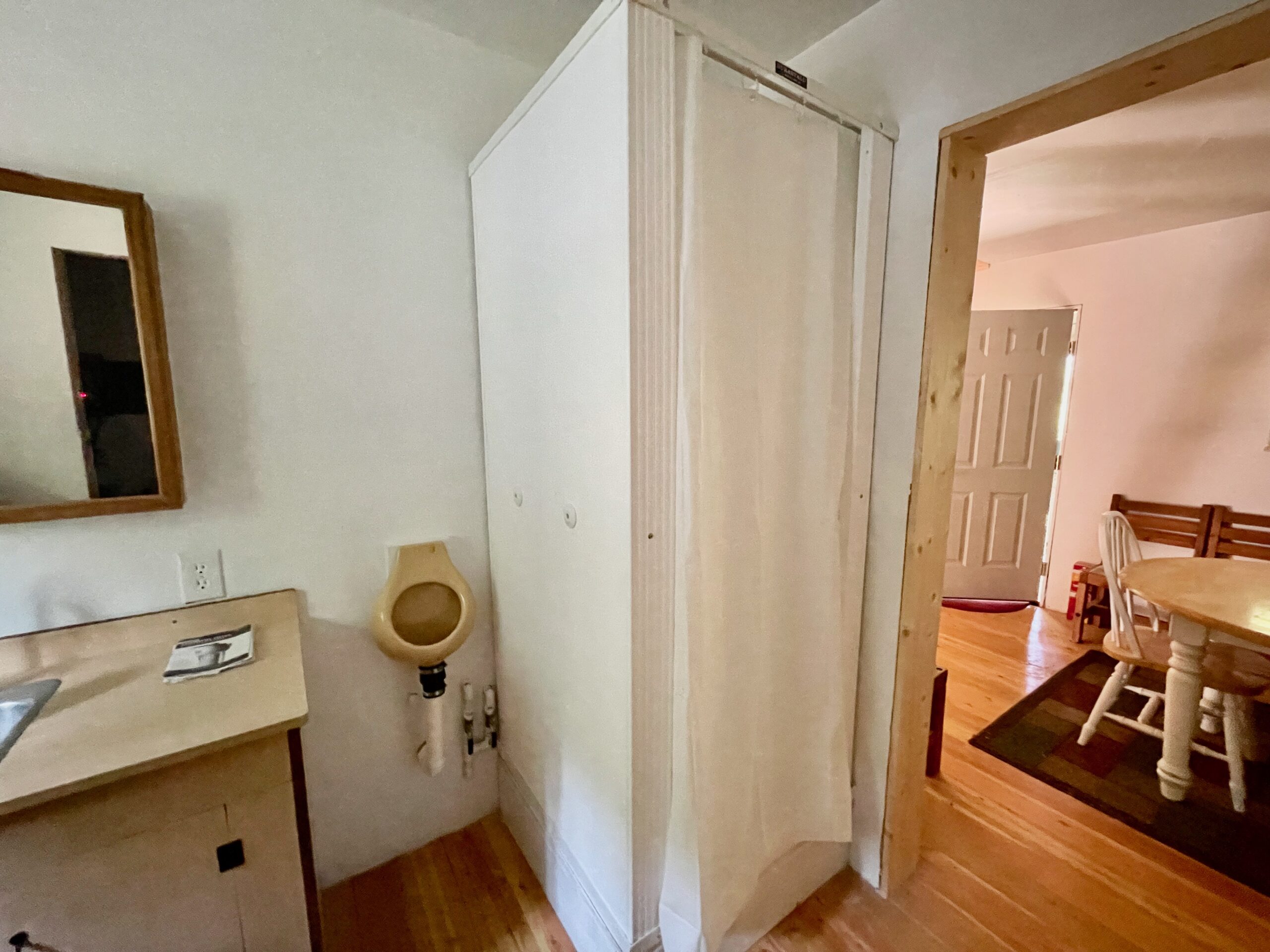 The other side of the bathroom with urinal and shower and doorway into the dining room.