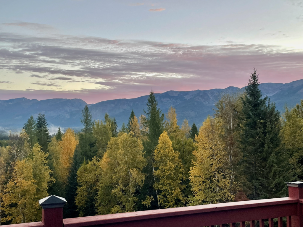 Pink glow over the Swan Range with fall leaves and some morning fog in the forefront.