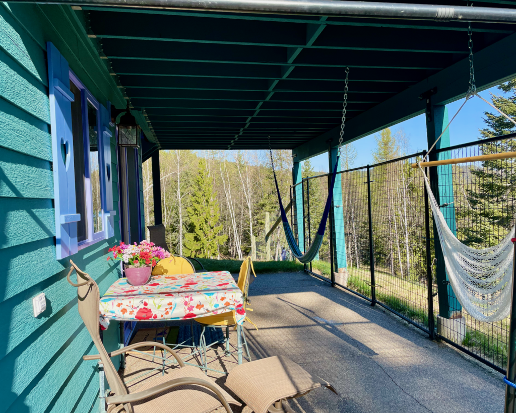 Covered porch outside the lower-level kitchen.