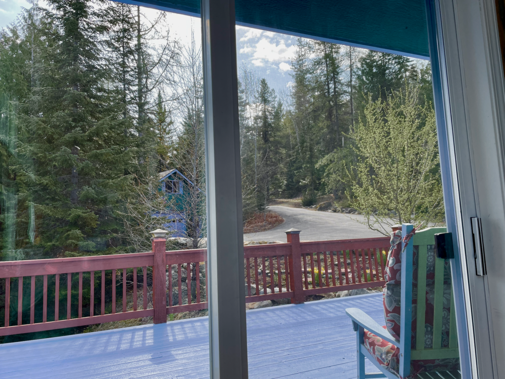 A peek out the great room sliding doors which lead to the deck and capturing the paved drive and detached garage.