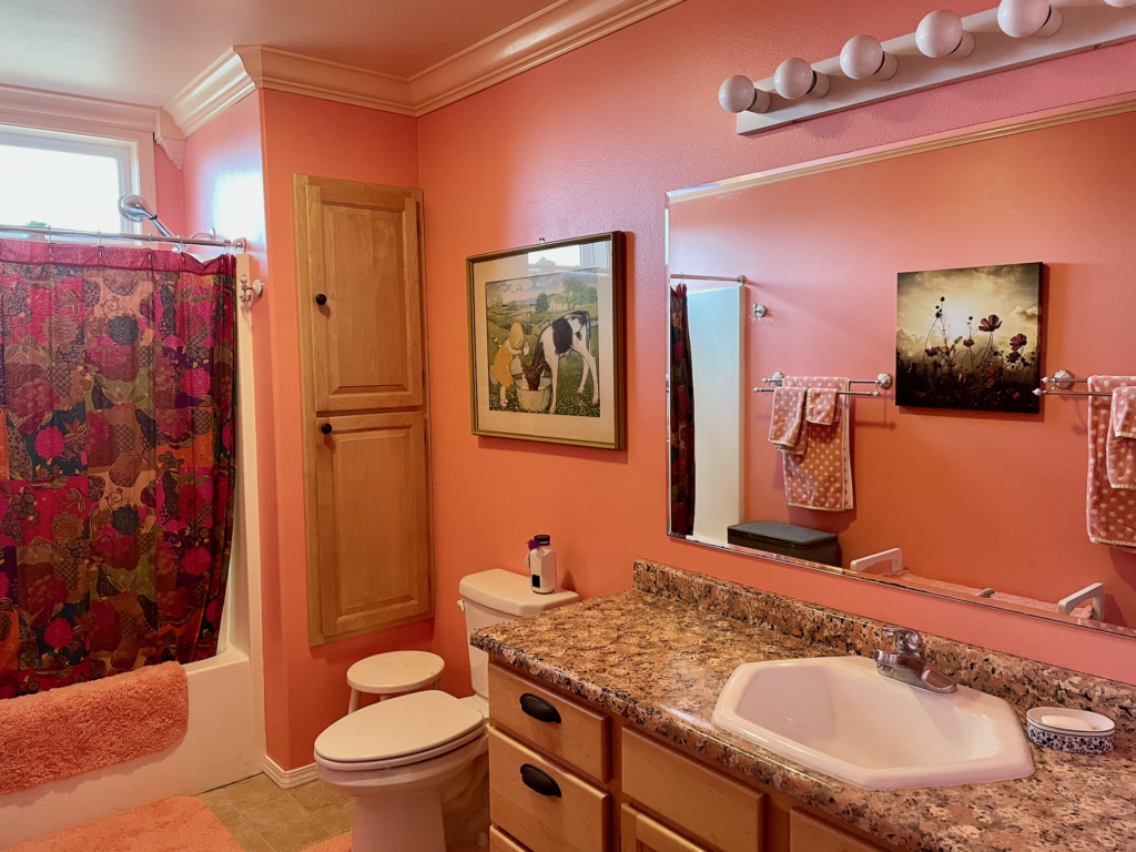 A bright full basement bath with high window .