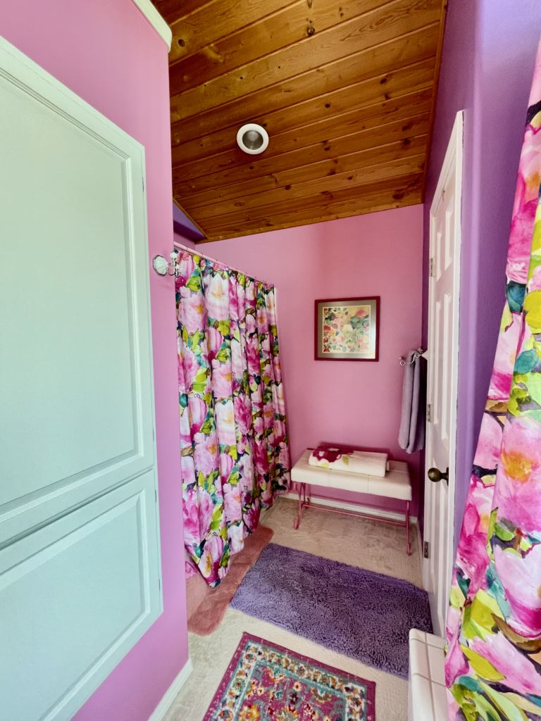 Walk-in shower on the left and door to toilet room on right.