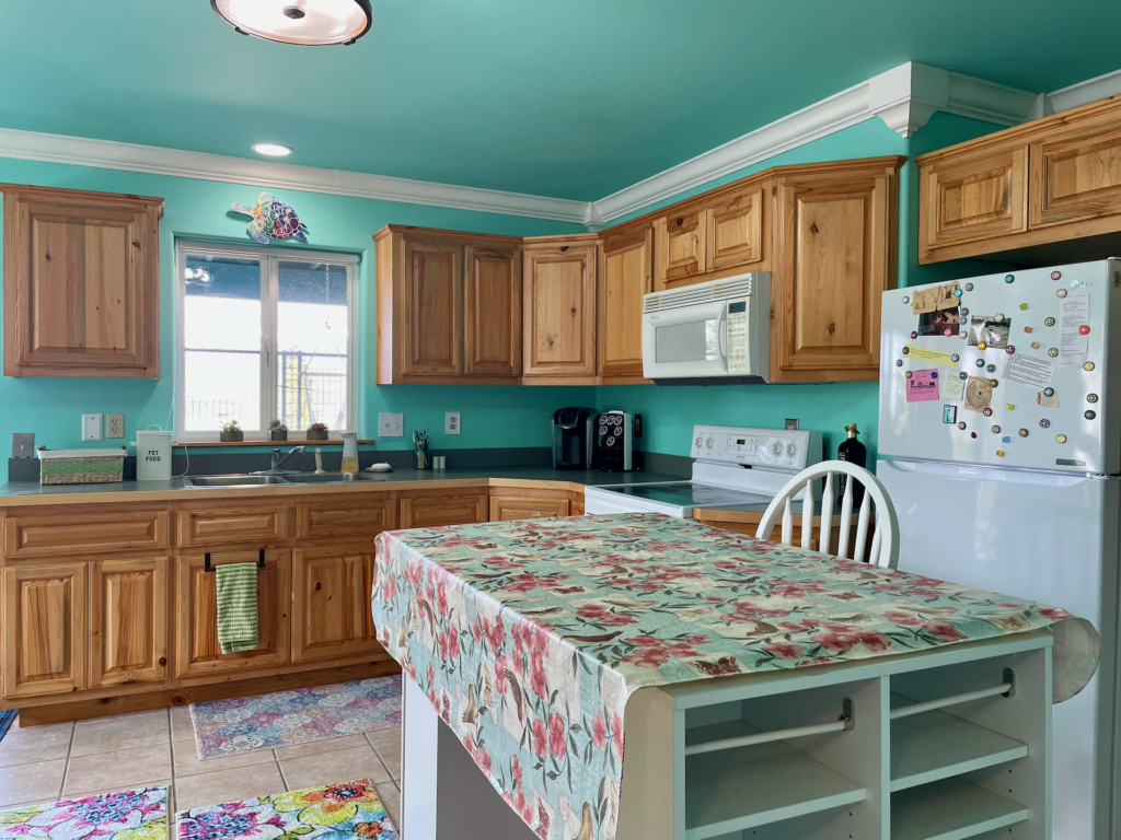 At the bottom of the stairs is a full kitchen with Maple cabinets
