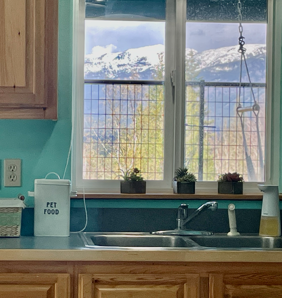 View of the snow-capped Swam River Peaks out the lower-level kitchen window.