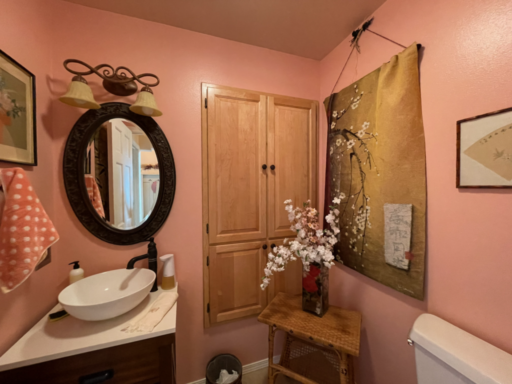 Half-bath with an above-counter white sink, bronze faucet, and plenty of closet space.
