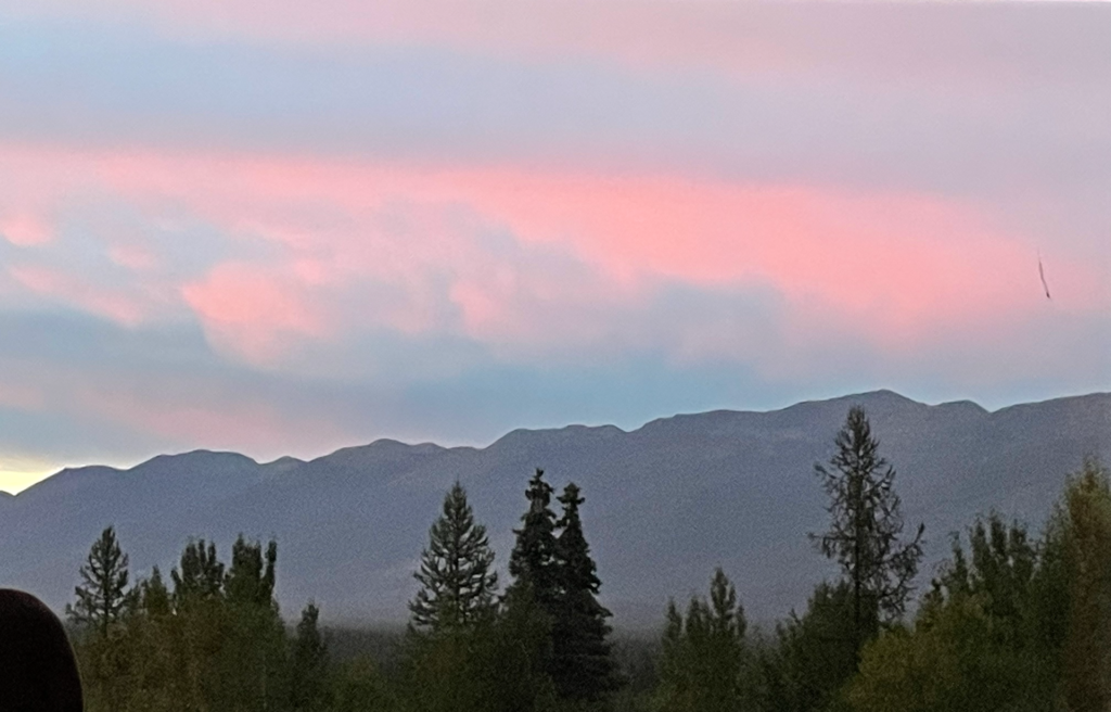 Morning sky over the Swan Range with pink fluffy clouds.