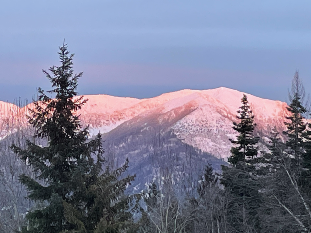 Winter view of the morning pink glow on the Swan Range from the master deck.