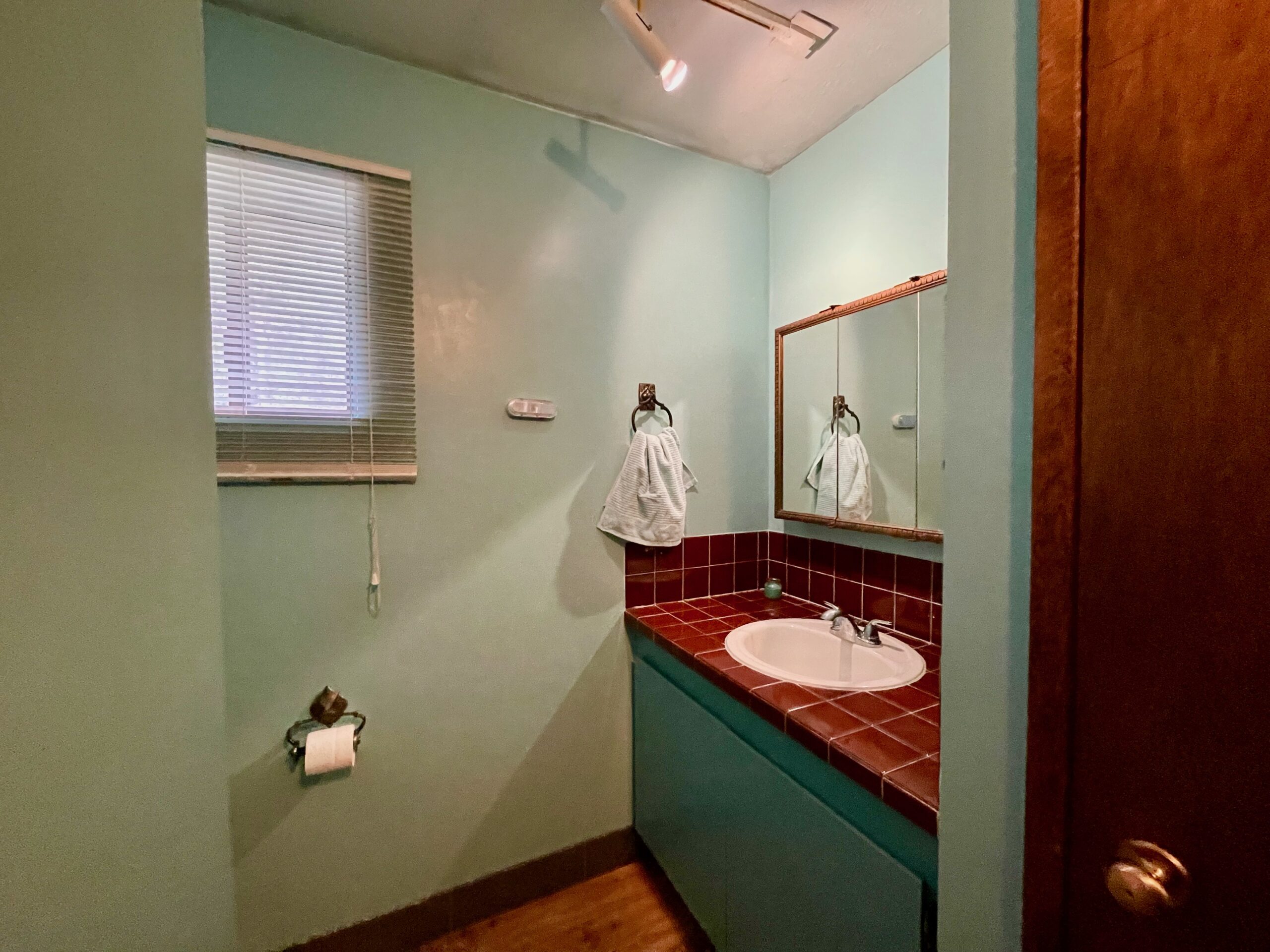 Full bath off of the living room which is actually a painted a pretty blue.